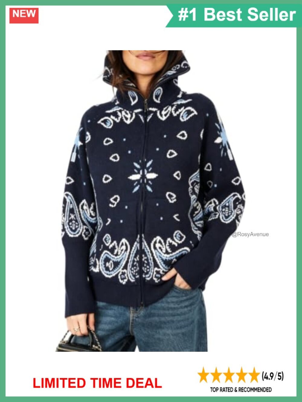 Songling Zip Up Knit Cardigan Sweater Stand Collar Cotton Polyester Women